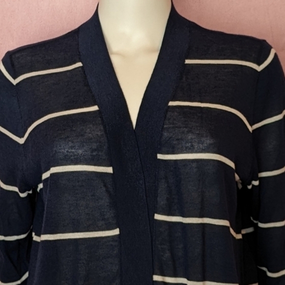 LOFT Blue and White Striped Open Front Preppy Ramie Blend Cardigan size Large - Picture 2 of 7